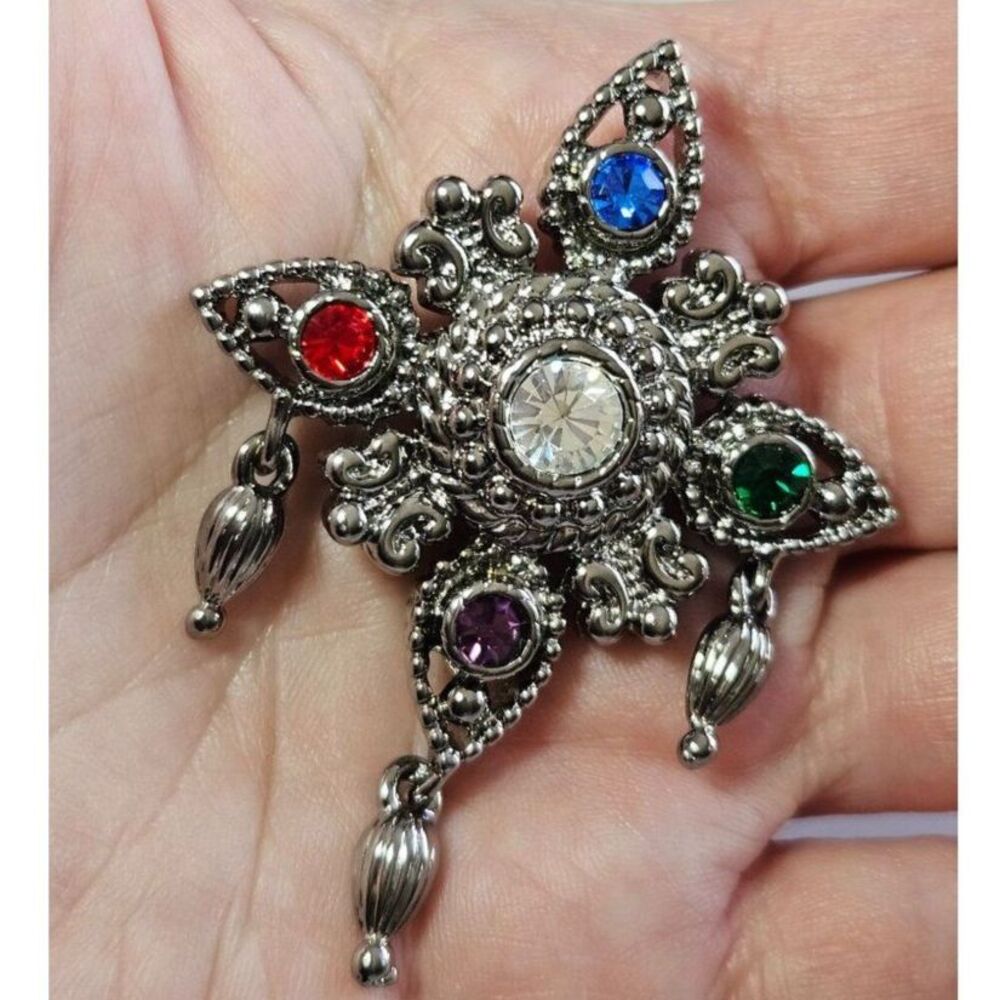 Bob Mackie silver tone rhinestone brooch colorful dangling